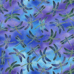 Hi Fashion Flying Dragonflies on Blue Novelty Metallic Cotton Fabric - 1