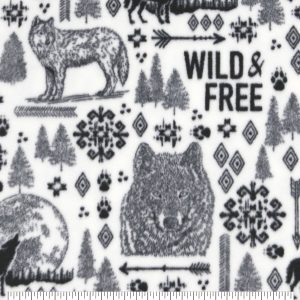 Black Wild   Free on White Anti Pill Fleece Fabric