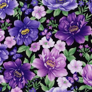 Hi Fashion Dahlias on Black Premium Cotton Fabric - 1