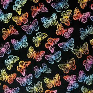 Multicolor Metallic Butterflies on Black Pure Plush Fleece Fabric