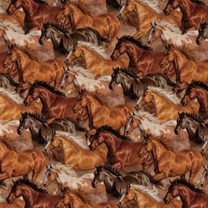 Brown Herd Of Running Horses Novelty Cotton Fabric