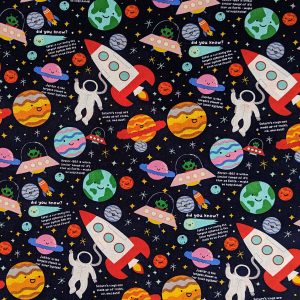 Outer Space Friends On Black Novelty Cotton Fabric by POP!
