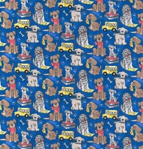 Back To School Puppies on Blue Novelty Cotton Fabric