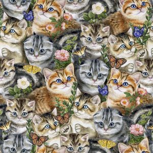 Kittens   Butterflies Novelty Cotton Fabric - 1