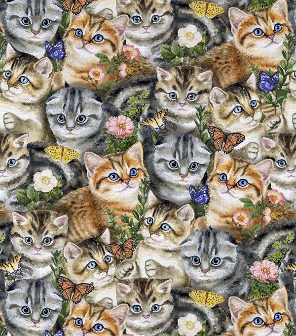 Kittens   Butterflies Novelty Cotton Fabric