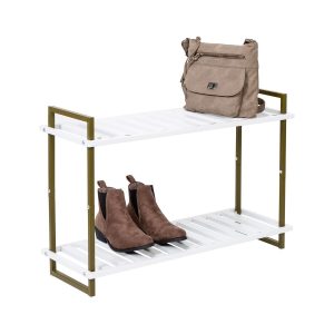 Honey Can Do 30 x 20 Olive   White 2 Tier Metal Shoe Rack