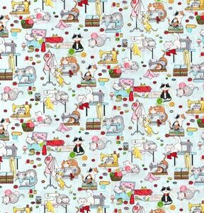 Cats on Sewing Machines on Blue Novelty Cotton Fabric