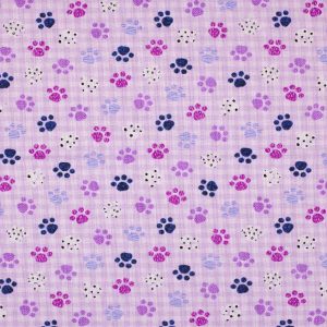Novelty Cotton Fabric Purple Paws on Gingham
