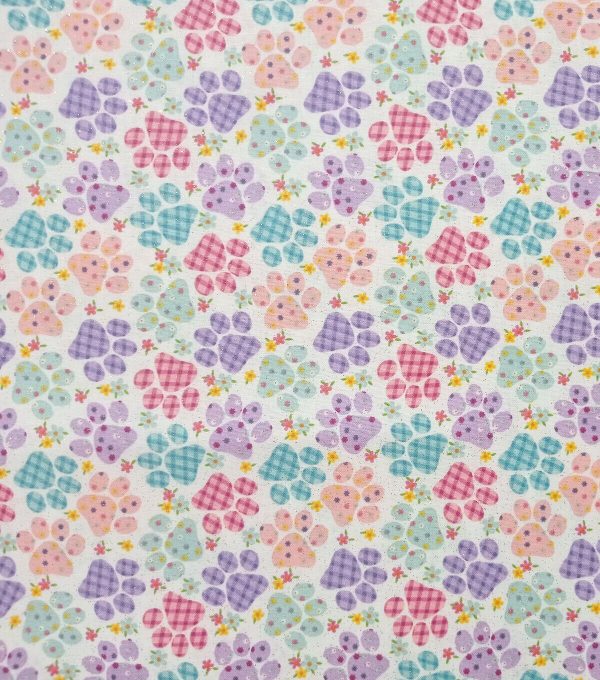 Purple   Red Paw Prints Easter Glitter Cotton Fabric