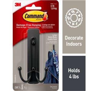 Command 4lbs Matte Black Large Decorative Double Hook   Strip