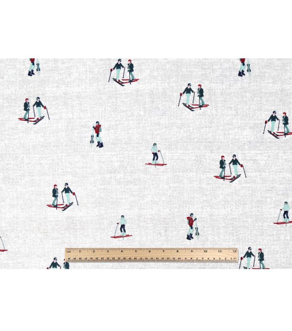 Skiers on White Novelty Cotton Fabric - Image 4