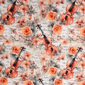 Floral Violins on White Novelty Cotton Fabric - 1