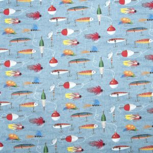 Blue Fishing Hooks   Bobbins Novelty Prints Cotton Fabric