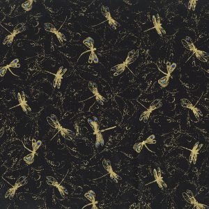 Hi Fashion Yellow Dragonfly Black Premium Metallic Cotton Fabric