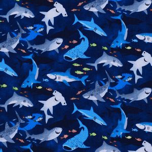 Novelty Cotton Fabric Smiley Sharks Navy - 1