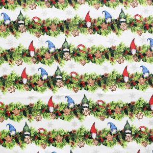 Green Gnome Garland Stripes Christmas Glitter Cotton Fabric