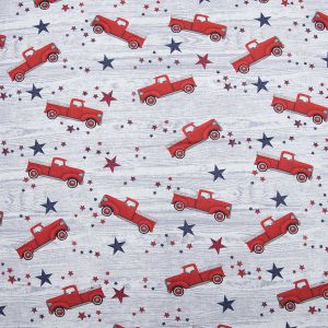 Vintage Truck On Woodgrain Patriotic Cotton Fabric