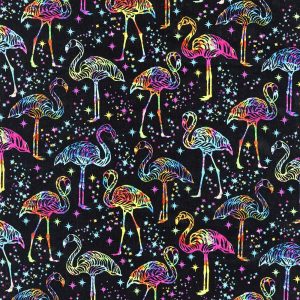 Black Multi Bright Flamingos Novelty Cotton Fabric