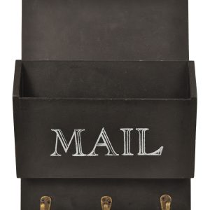 10 x 3.3 x 14 Wooden Mail Bin with Hooks Black