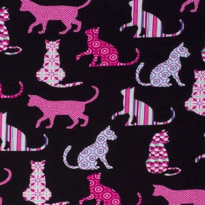Novelty Cotton Fabric Patterned Pink Cats on Black