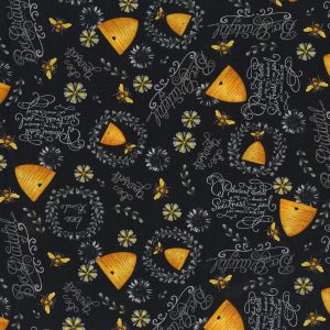 Hi Fashion Bee Hives And Phrases On Black Premium Print Cotton Fabric - 1