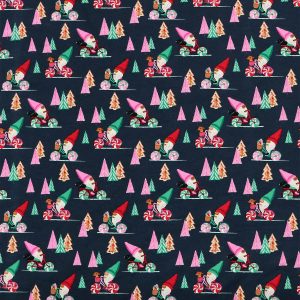 Gnomes Riding Bicycles on Black Super Snuggle Christmas Flannel Fabric