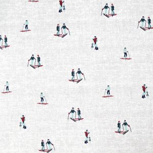 Skiers on White Novelty Cotton Fabric
