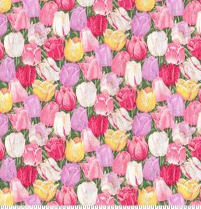 Fabric Traditions Pink   Red Garden Party Tulips Premium Cotton Fabric