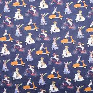 Dogs On Scooters And Bikes Novelty Cotton Fabric