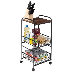 Honey Can Do 34 Black 3 Tier Slim Rolling Cart With Metal Baskets