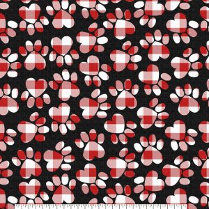 Plaid Paw Prints on Black Christmas Cotton Fabric