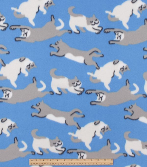 Cats on Blue Blizzard Fleece Fabric - Image 2