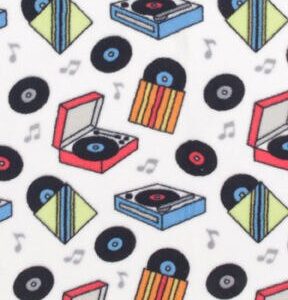 Bright Record Players on White Anti Pill Fleece Fabric