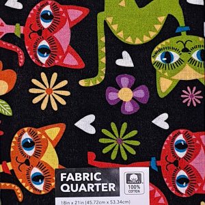 18 x 21 Cats on Black Novelty Cotton Fabric Quarter 1pc