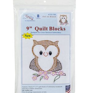 Jack Dempsey Needle Art 9 Owl on Branch Stamped White Quilt Blocks 12pk