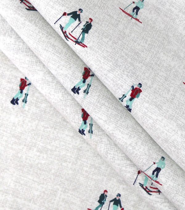 Skiers on White Novelty Cotton Fabric - Image 2