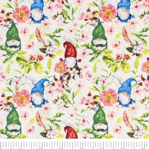 Singer Springtime Gnomes White Cotton Fabric