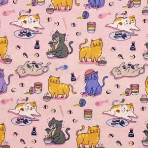 Sushi Cats on Pink Novelty Cotton Fabric